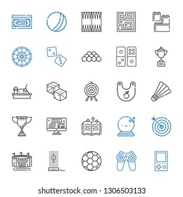 Game Icons Set. Collection Of Game With Console, Gamepad, Football, Hologram, Stadium, Target, Ball, Spellbook, Goal, Trophy, Badminton, Bib. Editable And Scalable Game Icons.