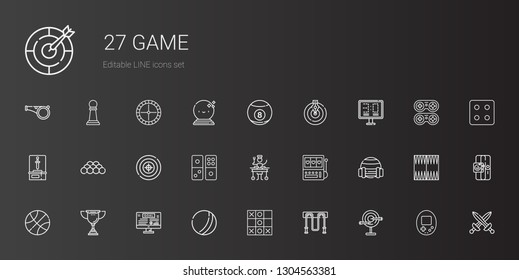 game icons set. Collection of game with dart board, jumping rope, tic tac toe, ball, goal, trophy, basketball, sport, slot machine, large, domino. Editable and scalable game icons.