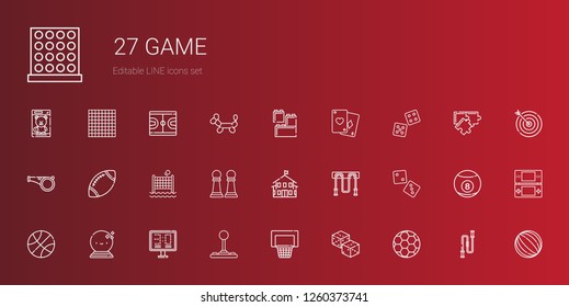 game icons set. Collection of game with football, dices, basketball, joystick, scoreboard, ball, dice, jumping rope, kindergarten, pawn, volley. Editable and scalable game icons.