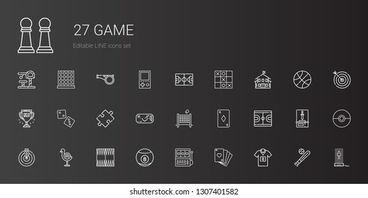 game icons set. Collection of game with football jersey, poker, slot machine, billiard, backgammon, dart board, goal, basketball, ace of diamonds. Editable and scalable game icons.