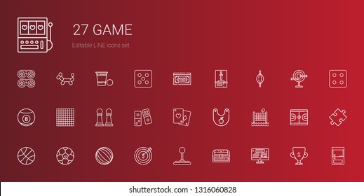 Game Icons Set. Collection Of Game With Goal, Chest, Joystick, Target, Ball, Football, Basketball, Volley, Bib, Poker, Domino, Pawn, Tic Tac Toe. Editable And Scalable Game Icons.