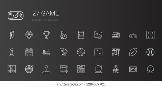 game icons set. Collection of game with large, ball, labyrinth, slot machine, joystick, target, tic tac toe, jumping rope, dice, tennis ball. Editable and scalable game icons.