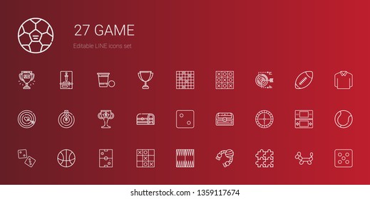 game icons set. Collection of game with puzzle, toy, backgammon, tic tac toe, air hockey, basketball, dice, roulette, chest, trophy, goal, dart board. Editable and scalable game icons.