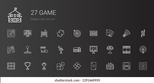 game icons set. Collection of game with spellbook, ace of hearts, puzzle, trophy, basketball, scoreboard, chest, dart board, beer pong, joystick. Editable and scalable game icons.