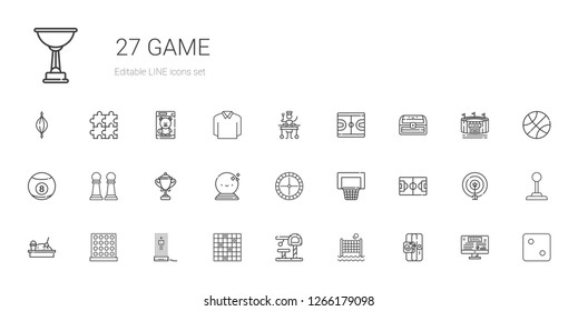 game icons set. Collection of game with sport, volley, toy, tic tac toe, hologram, sandbox, football field, basketball, roulette, ball, trophy. Editable and scalable game icons.