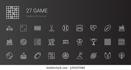 game icons set. Collection of game with target, goal, roulette, tic tac toe, rugby, kindergarten, tennis ball, trophy, football jersey, newtons cradle. Editable and scalable game icons.