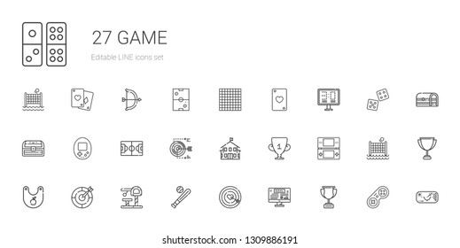 Game Icons Set. Collection Of Game With Trophy, Goal, Dart Board, Baseball, Toy, Bib, Console, Kindergarten, Target, Football Field, Chest, Scoreboard. Editable And Scalable Game Icons.