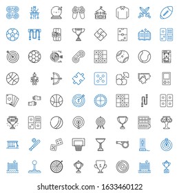 game icons set. Collection of game with trophy, volley, compact disc, target, joystick, goal, hologram, whistle, basketball, dice, baseball. Editable and scalable game icons.
