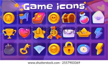 Game icons set. Graphical user interface elements for video game. UI signs with gold coin, chest, heart, key, diamond, bomb and star. Cartoon 3D vector illustration collection isolated on background
