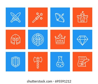 Game icons set, swords, magic wand, bow, fortress, helmet, shield, potion linear vector pictograms