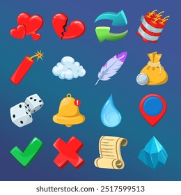 Conjunto de iconos de juego. Ilustración vectorial de diferentes símbolos de juego. Colección de coloridos pictogramas. Corazón, dados, plumas y nubes.