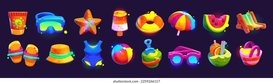 Iconos de juego de viajes de verano y vacaciones en la playa del mar, bebida, helado, paraguas y sandía. Anillo inflable, zapatillas, gafas de sol y bola, juego de dibujos animados vectoriales