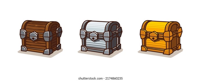 Game icons of treasure chests. Vector cartoon set of closed ancient wooden, silver and gold trunks. Wood, metal and golden coffers with lock isolated on white background