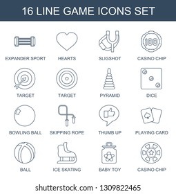 game icons. Trendy 16 game icons. Contain icons such as expander sport, Hearts, sligshot, casino chip, target, pyramid, Dice, bowling ball, skipping rope. game icon for web and mobile.