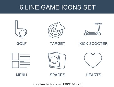 game icons. Trendy 6 game icons. Contain icons such as golf, target, kick scooter, menu, Spades, Hearts. game icon for web and mobile.