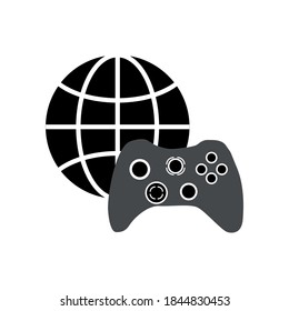 Game Icons. Vector Control for game play with globe. Black symbol for web and mobile app design on blue background.