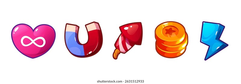 Game Icons vector set. Magnet, heart, coins, lightning and rocket illustrations