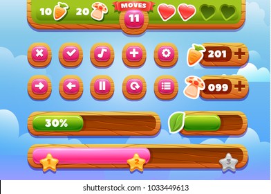 Game interface. Buttons, progress bar, resource icon and fields for game.