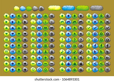 game interface buttons set, for app icons contains different colours, 
buttons sets for creating 2d game