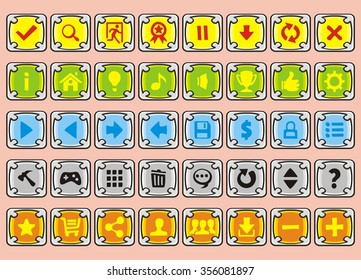 game interface buttons set, app icons with different colours