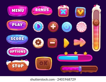 Game interface candy buttons and window, loading bar, slider, menu panel. Mobile game user or app sweet desserts interface, options and media candy and bakery buttons, volume sliders, GUI elements set