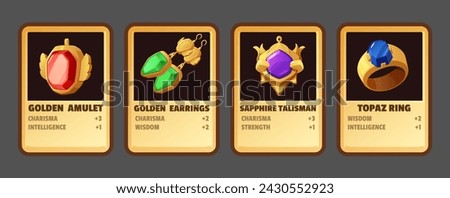 Game interface demonstrating a number of achievements in the field of magical jewelry: pendants, earrings and rings. 3D vector design of a game board showing collected magical jewelry.