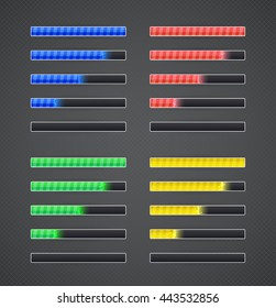 Game interface element collection. Resource energy bar set of different colors. Vector illustration for gaming design.