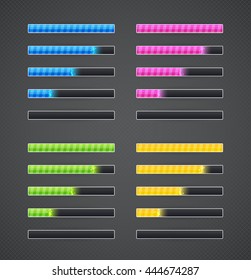 Game interface element collection. Resource energy bar set of different colors. Vector illustration for gaming design.