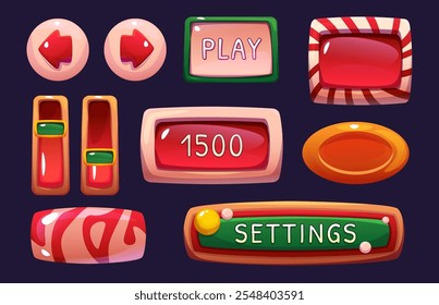 Game interface elements with candy styled design - glossy buttons, score display, settings panel and navigation arrows. Sweet caramel frames with striped pattern for confectionery themed mobile gaming