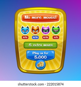Game interface elements. No more moves screen with cartoon characters and buttons. Vector eps 10.