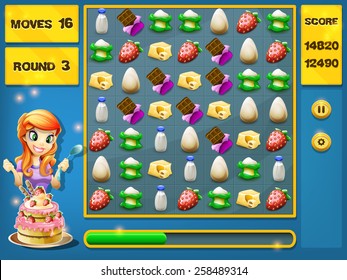 Game interface foods for Match 3 Games. Vector illustration.