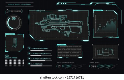 Game interface with futuristic weapon and graphs