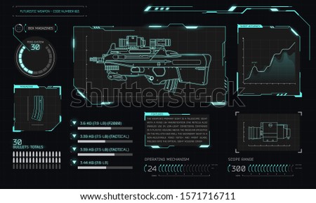 Game interface with futuristic weapon and graphs