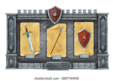 Game interface GUI stone menu panel, medieval RPG background design, rock frame, wooden shield. User interface window template, iron sword, spear, marble column. Game frame screen vector sign board