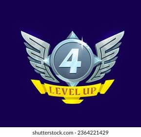 Game interface level up metal badge, steel win icon with wings, vector GUI trophy icon. 4 level up badge with ribbon and wings, video game arcade next level achievement or gamer rank metal emblem