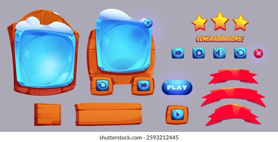 Game interface menu design with ice and wood interaction panels. Set of buttons, and elements, progress indicators, strip objects, accelerators and other elements for web design and computer game user