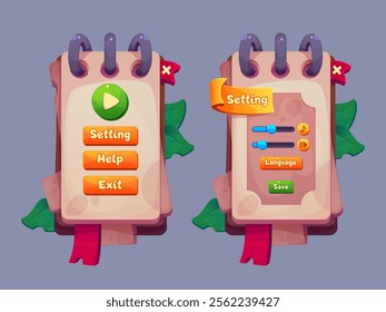 Game interface menu design with notepad style panels and leaves. Main screen displays play button, settings, help and exit options. Settings page with sound sliders, language selector and save button.