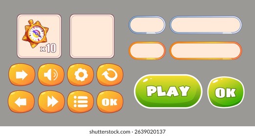 Game interface set, icons, buttons, navigation. Vector cartoon. Game interface menu set,play and ok. Empty sign, level up board.