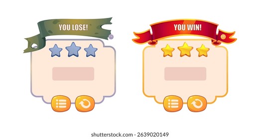 Game interface set, icons, buttons, navigation. Vector cartoon. Game interface menu set. Empty sign, level up board.