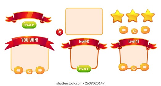 Game interface set, victory level up icon. Vector cartoon. Game interface menu set, button set, victory and defeat icon. Blank sign with wooden frame, level up board.