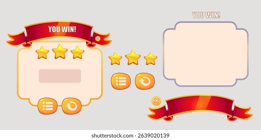 Game interface set, victory win icon. Vector cartoon. Game interface menu set, button set, victory and defeat icon. Blank sign with wooden frame, level up board.