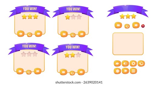 Game interface set, victory window. Win icon. Vector cartoon. Game interface menu set, button set, victory and defeat icon. Blank sign with wooden frame, level up board.