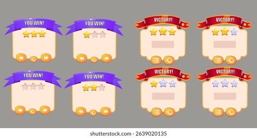 Game interface set, victory, you win icon. Vector cartoon. Game interface menu set, button set, victory and defeat icon. Blank sign with wooden frame, level up board.