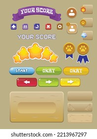 game interface vector illustration showing "YOUR SCORE" in pixelated text, five shiny stars, and a green "OK" button