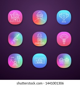 Game inventory app icons set. Player, helmet, trophy, weapon, game over, parachute, esports team, shooter. UI/UX user interface. Web or mobile applications. Vector isolated illustrations