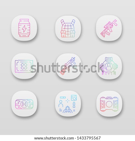 Game inventory app icons set. Energy drink, body armor, weapon, bandage. Sniper gun, aim, first aid kit, container. UI/UX user interface. Web, mobile applications. Vector isolated illustrations