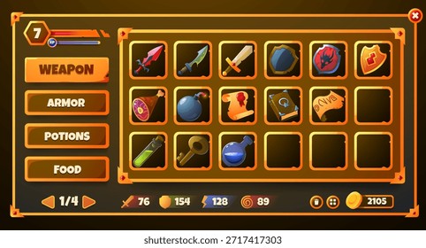 Game inventory. Fantasy RPG interface frame elements for adventure game with icons of weapon, armor, food, potions, stats and gold. Vector game GUI screen panel.
