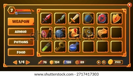 Game inventory. Fantasy RPG interface frame elements for adventure game with icons of weapon, armor, food, potions, stats and gold. Vector game GUI screen panel.