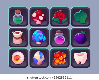 Game inventory icon collection with magical items - potion bottles with glowing liquids, spotted mushrooms, enchanted rose, green leaf. Fantasy set with scroll, colorful egg, mystic berry artifact.