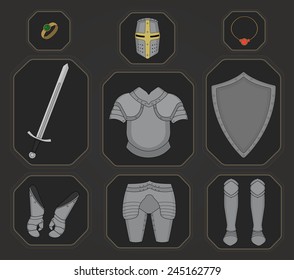 Game inventory. Knight armor set. Helmet, ring, necklace, sword, breastplate, shield, gloves, leggings, boots. Vector illustration